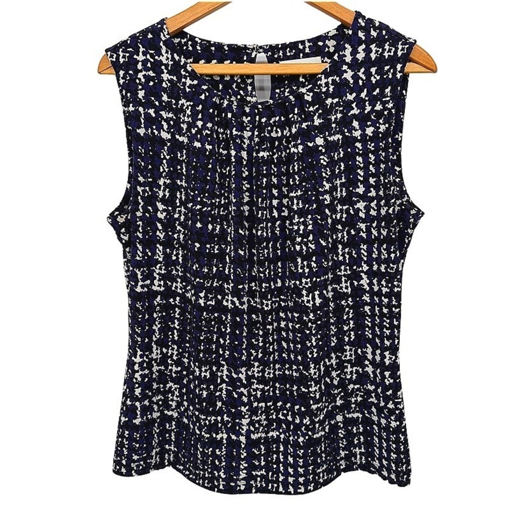 Calvin Klein Sleeveless Pleated Neck Tank Blouse Purple White Abstract Sz Small